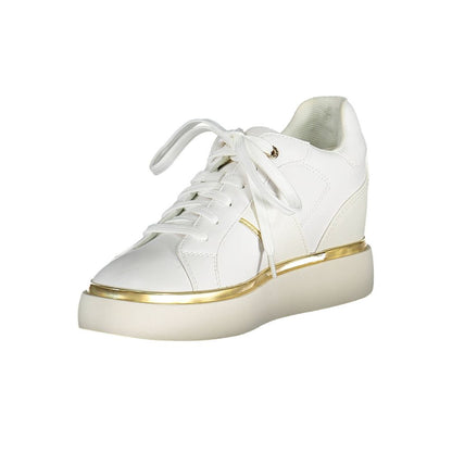 U.S. POLO ASSN. White Polyester Women Sneaker with gold accents and iconic logo, trendy lace-up design for active lifestyle.