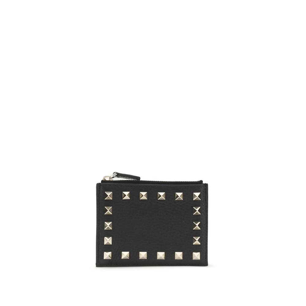 Valentino Garavani Black Calf Leather Bos Taurus Wallet with platinum studs and zippered coin compartment, elegant Rockstud card holder.