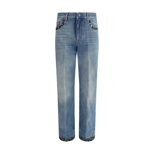 Valentino Jeans with floral detailsValentino’s Jeans combine a classic design with unique details. The straight style features a front zipper and button closure, enhanced by a floral applique on the five pockets and bottom, adding a distinctive and creati