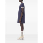 Side view of a navy blue Valentino Short Embroidered Crepe Couture Dress with rhinestone embellishments and contrasting trim.