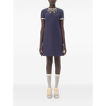 Valentino Short Embroidered Crepe Couture Dress in navy with rhinestone embellishments and contrasting trim.