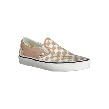 Vans Beige Polyester Sneaker with classic slip-on design, checked pattern, contrasting details, and logo on side view.