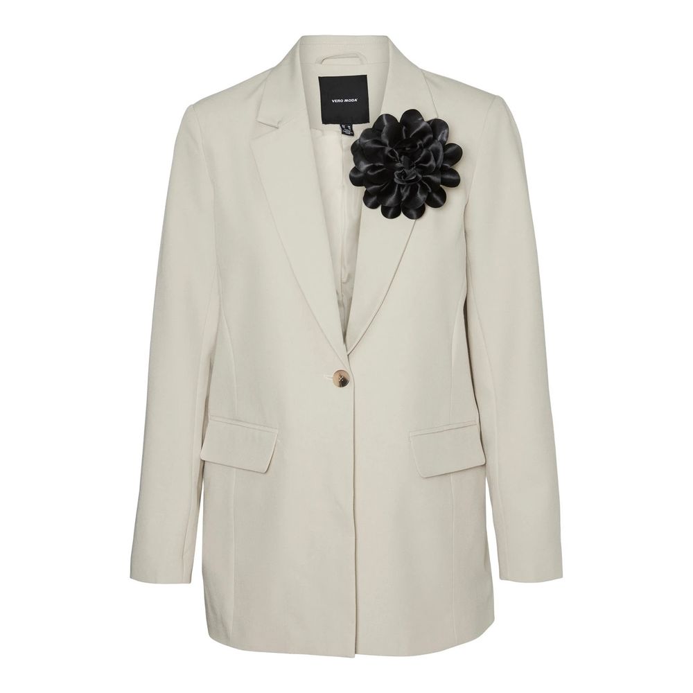 Vero Moda Beige Polyester Blazer with three-dimensional floral detail, perfect for a sophisticated contemporary style.