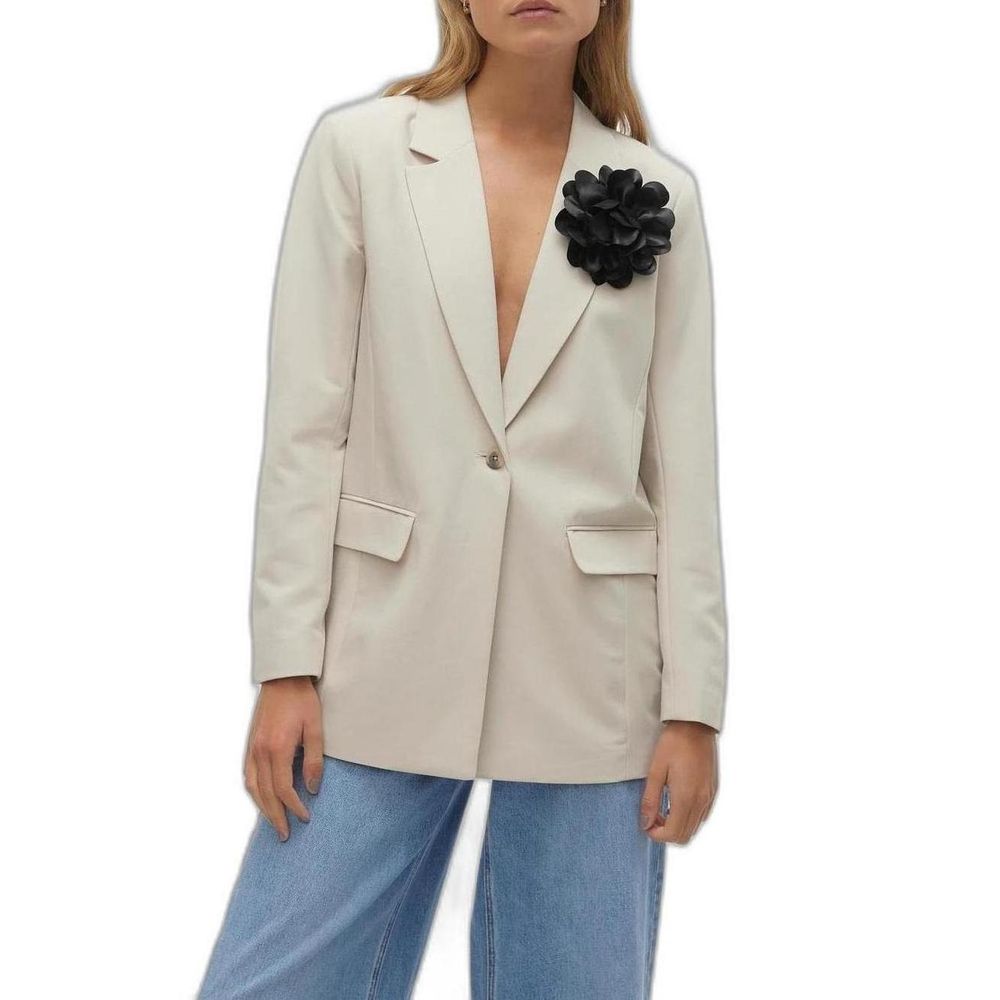 Vero Moda Beige Polyester Blazer with three-dimensional floral detail, featuring a relaxed yet structured fit for a sophisticated look.