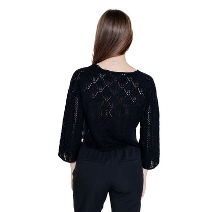 Back view of woman wearing Vero Moda Black Cotton Sweatshirt with geometric openwork design