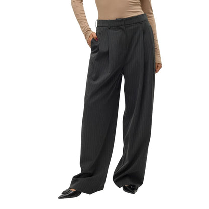 Vero Moda Gray Polyester Casual Pants, wide-leg pinstripe design for a modern look