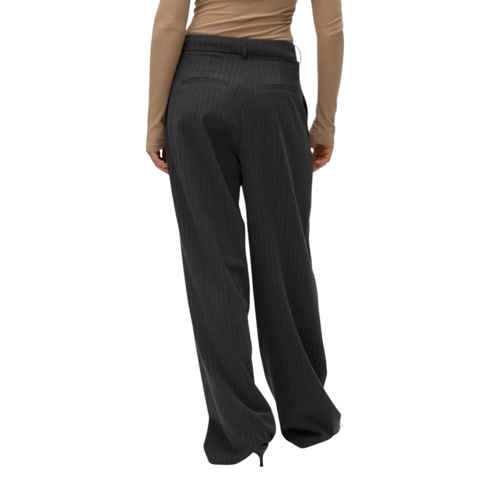 Back view of Vero Moda Gray Polyester Casual Pants with pinstripes, worn by a model, showcasing the wide-leg fit and mid-rise waist.