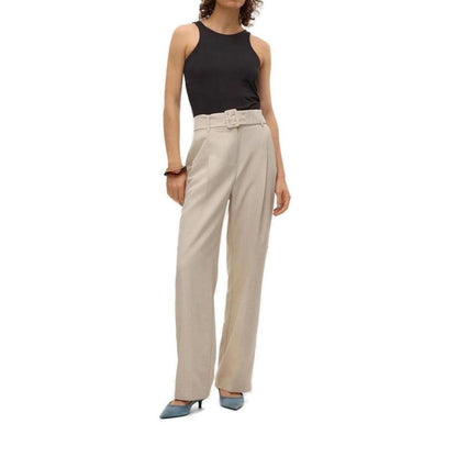 Woman wearing Vero Moda Gray Polyester Casual Pants with high waist and belt, showcasing versatile and elegant style.