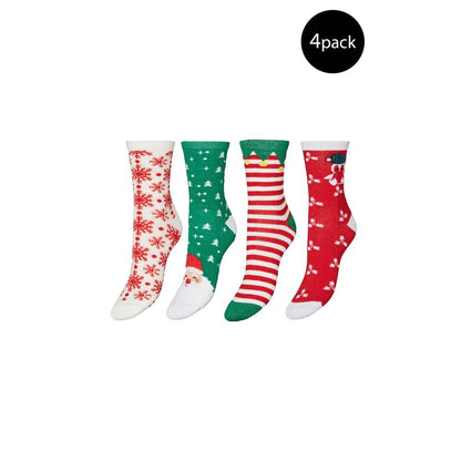 Vero Moda Green Cotton Socks gift box, 4-pack with Christmas patterns: snowflakes, stripes, elf details. Women's winter socks.