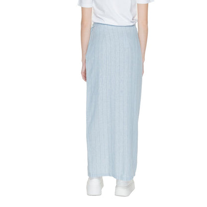 Back view of Vero Moda Light Blue Linen Long Skirt with subtle pinstripes, showcasing wrap design and side tie closure.