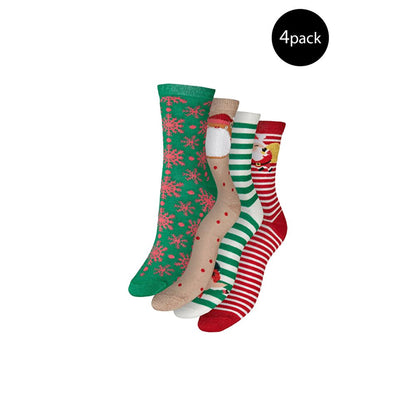 Vero Moda Multicolor Cotton Socks gift box featuring Christmas patterns, includes snowflakes, stripes, elf themes, and playful characters.