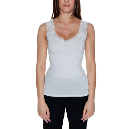 Vero Moda White Viscose Tank Tops with lace trim V-neckline and straps, perfect for a slim and elegant fit.
