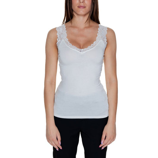 Vero Moda White Viscose Tank Tops with lace trim V-neckline and straps, perfect for a slim and elegant fit.