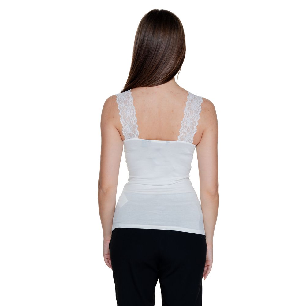 Back view of a woman wearing Vero Moda White Viscose Tank Tops with lace trim straps.