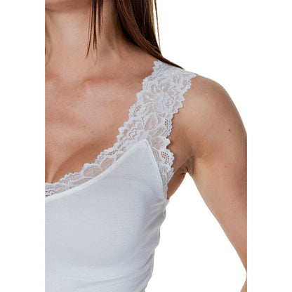 Vero Moda White Viscose Tank Tops with lace trim detail, elegant sleeveless design, showcasing delicate lace straps and soft fabric texture.