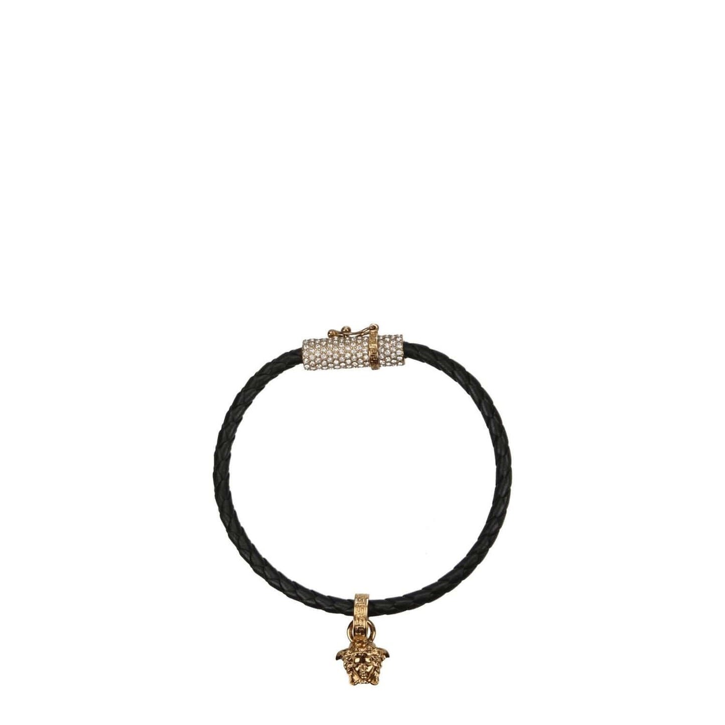 Versace Black Leather Bracelet with gold accent, featuring a hook closure and front detail. Casual style accessory.