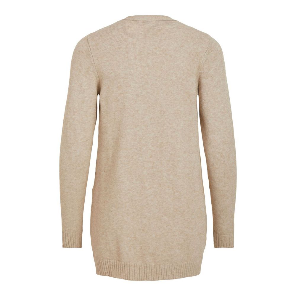Vila Clothes Beige Viscose Cardigan, back view, showcasing the long sleeves and ribbed hem detail.
