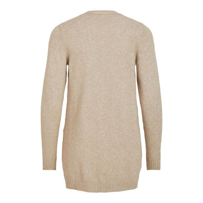 Vila Clothes Beige Viscose Cardigan, back view, showcasing the long sleeves and ribbed hem detail.
