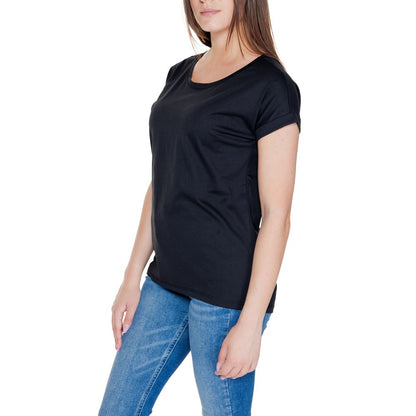 Woman wearing Vila Clothes Black Cotton T-Shirt with round neckline and rolled-up sleeves, perfect for casual style and comfort.