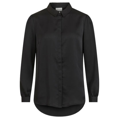 Vila Clothes Black Polyester Blouse with satin texture, long sleeves, and collar, perfect for work or evening wear.