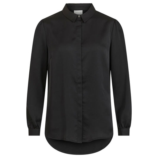 Vila Clothes Black Polyester Blouse with satin texture, long sleeves, and collar, perfect for work or evening wear.