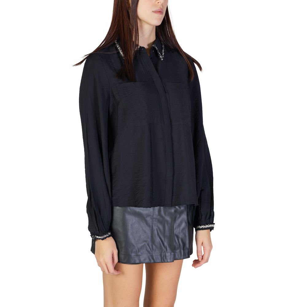 Vila Clothes Black Viscose Blouse with braided collar and elastic cuffs, side view