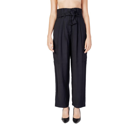 Vila Clothes Black Viscose Casual Pants with high waist and bow belt, front view