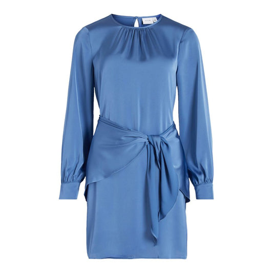 Vila Clothes Blue Recycled Polyester Short Dress with tie waist and long sleeves