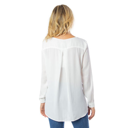 Back view of Vila Clothes Cream Polyester Blouse, featuring long sleeves and a minimalist design.