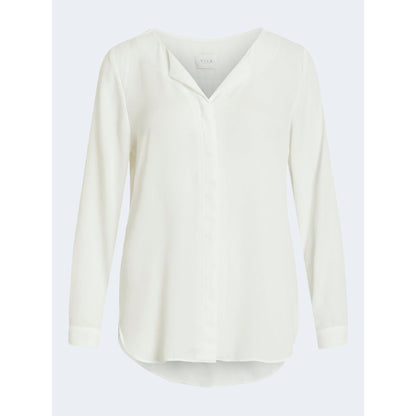 Vila Clothes Cream Polyester Blouse with long sleeves and elegant collar for versatile wear.