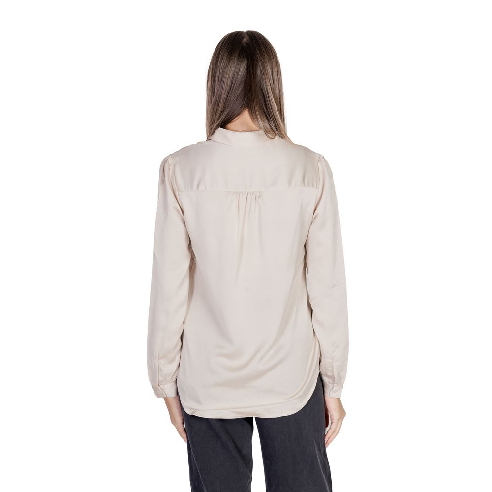 Back view of Vila Clothes Gold Polyester Blouse with long sleeves and satin finish