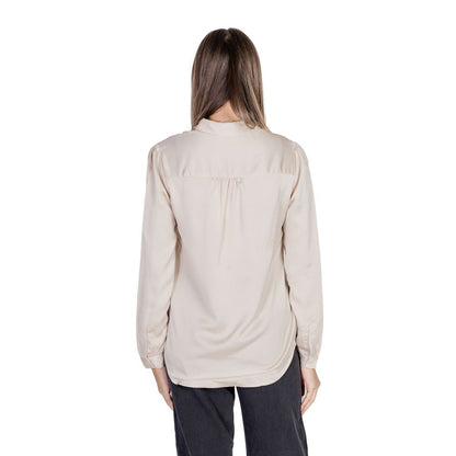 Back view of Vila Clothes Gold Polyester Blouse with long sleeves and satin finish