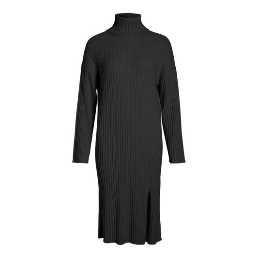 Vila Clothes Gray Nylon Midi Dress, ribbed with rollneck, blend of viscose, nylon, and polyester for elegance and comfort.