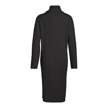Back view of Vila Clothes Gray Nylon Midi Dress, rollneck, ribbed knit design, elegance and comfort for women