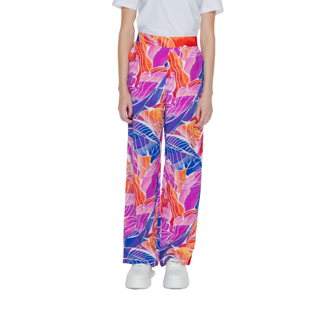 Vila Clothes Multicolor Viscose Casual Pants with tropical leaf print and high waist.