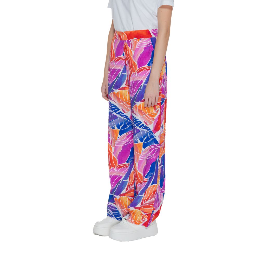 Vila Clothes Multicolor Viscose Casual Pants with tropical leaf print, high waist and flowing silhouette for women, side view.