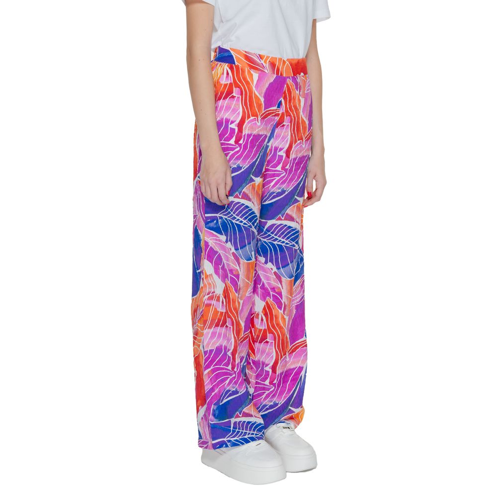 Vila Clothes Multicolor Viscose Casual Pants with tropical leaf print design and high waist, featuring a wide, flowing silhouette for comfort.