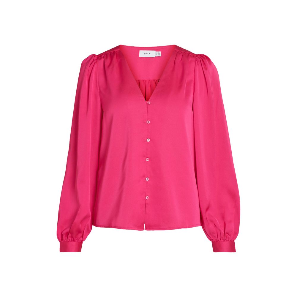 Vila Clothes Pink Polyester Blouse with V-neck and long wide sleeves, front button closure, elegant fashion for any occasion.