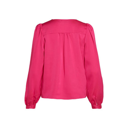 Back view of Vila Clothes Pink Polyester Blouse with wide long sleeves and elegant V-neck design.