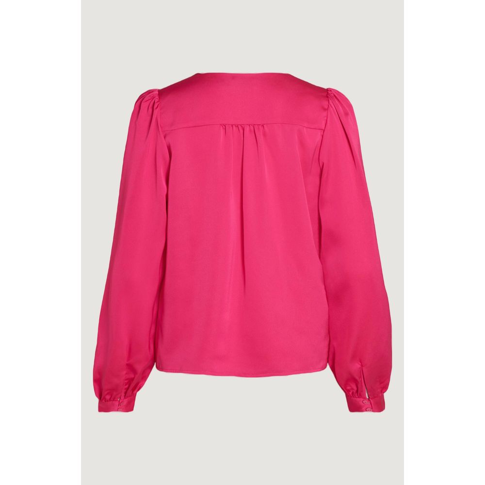 Back view of Vila Clothes Pink Polyester Blouse with long wide sleeves and VIELLETTE V-neck design.