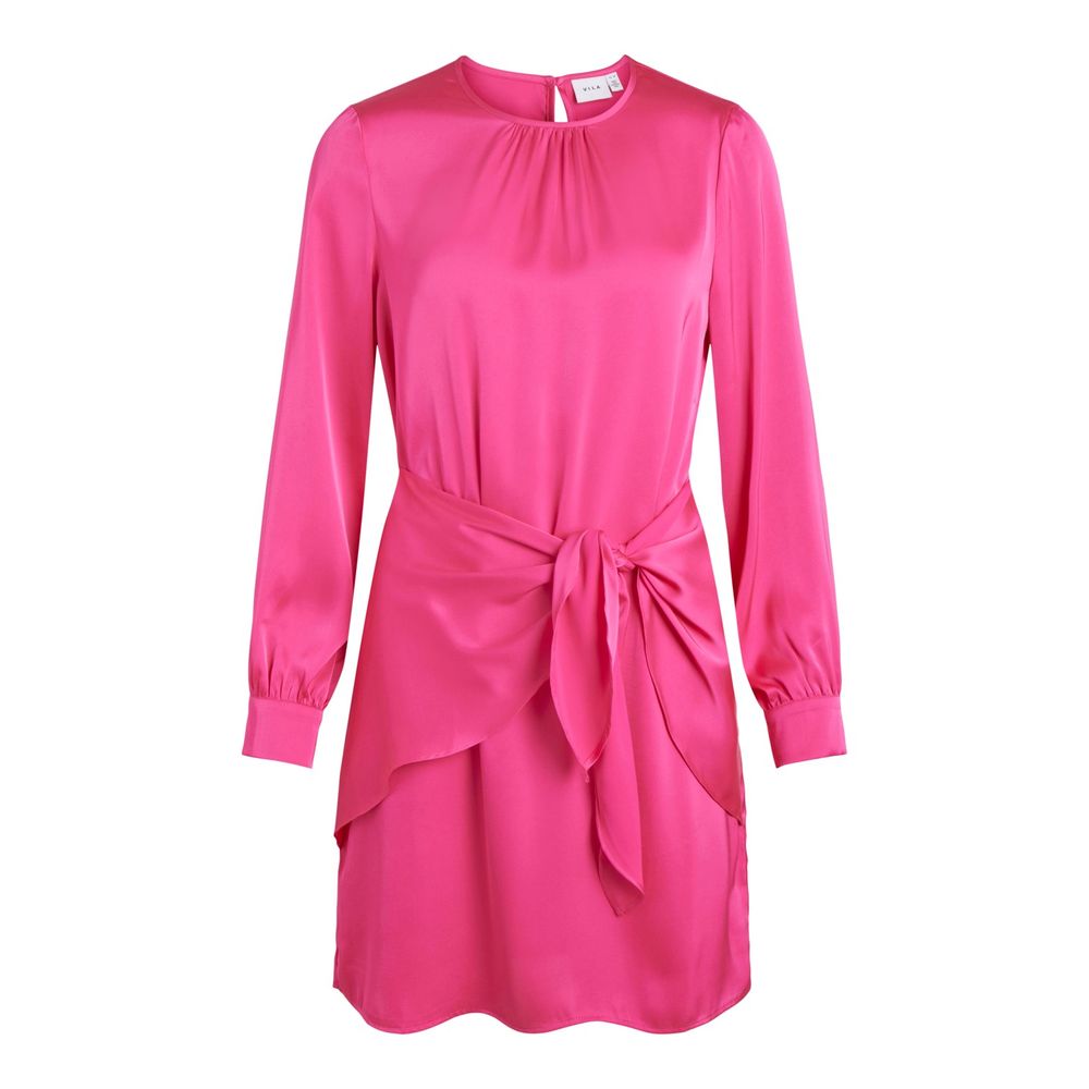 Vila Clothes Pink Polyester Short Dress with long sleeves and waist knot detail.