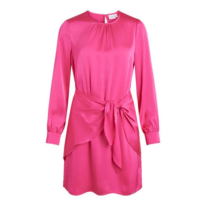 Vila Clothes Pink Polyester Short Dress with long sleeves and waist knot detail.