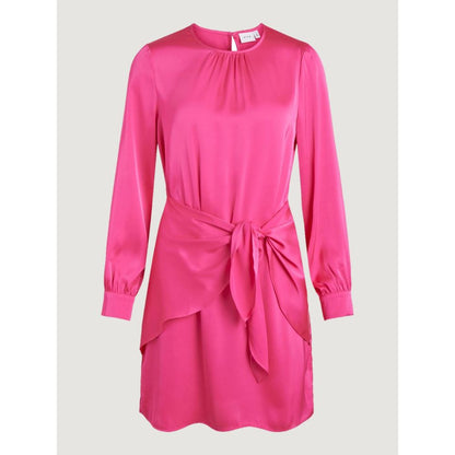 Vila Clothes Pink Polyester Short Dress with long sleeves and waist knot detail.