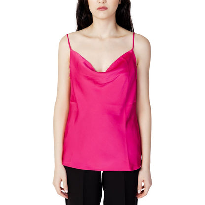 Model wearing Vila Clothes Pink Polyester Tank Tops with draped neckline and adjustable straps.