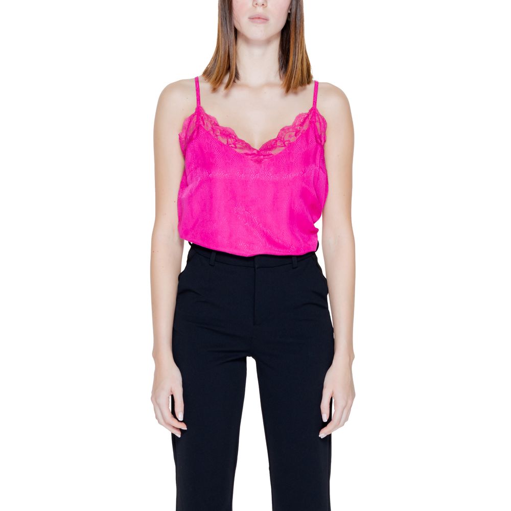 Woman wearing a Vila Clothes Pink Viscose Tank Tops with lace trim and adjustable straps.