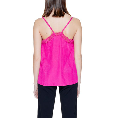Back view of Vila Clothes Pink Viscose Tank Tops with lace details and adjustable straps