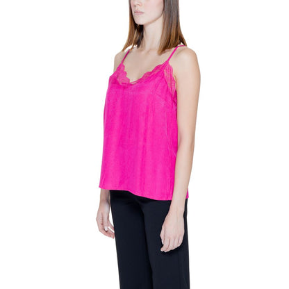 Woman wearing Vila Clothes Pink Viscose Tank Tops with lace trim and adjustable straps, showcasing lightweight and elegant jacquard fabric.