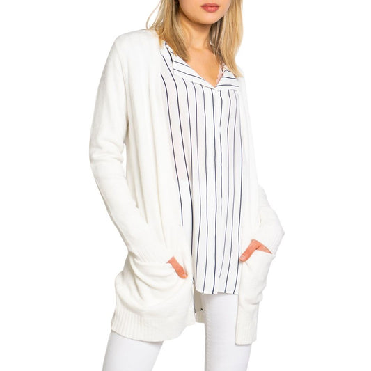 Vila Clothes White Viscose Cardigan worn by woman with striped shirt