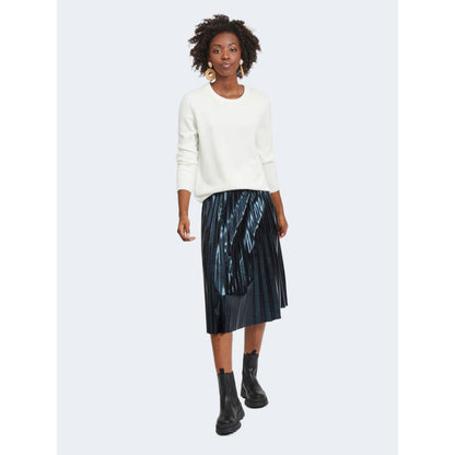Woman wearing Vila Clothes White Viscose Sweatshirt with pleated skirt and boots, perfect for stylish cool weather wear.