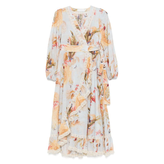 Zimmermann Ascension Ruffled Midi Dress, light blue wrap design with floral print and lace trim, self-tie fastening for stylish elegance